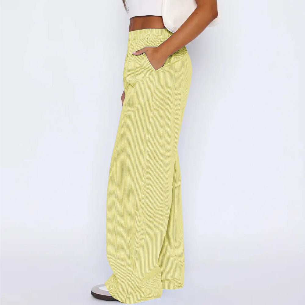 Striped Trousers With Pockets , Fashion Casual Wide Leg Straight Pants For Women Clothing