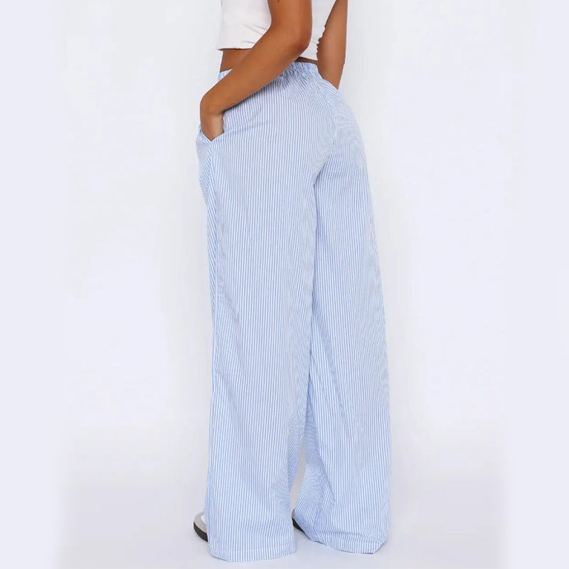 Striped Trousers With Pockets , Fashion Casual Wide Leg Straight Pants For Women Clothing
