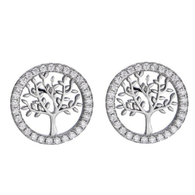 Round Silver Tree Zircon Earrings For Women