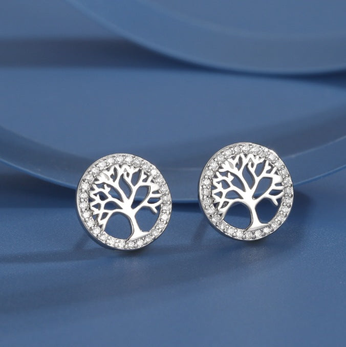 Round Silver Tree Zircon Earrings For Women