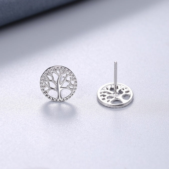 Round Silver Tree Zircon Earrings For Women