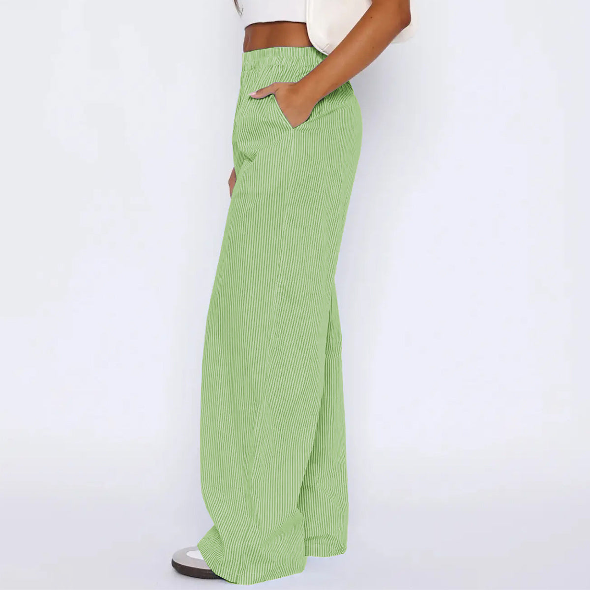 Striped Trousers With Pockets , Fashion Casual Wide Leg Straight Pants For Women Clothing