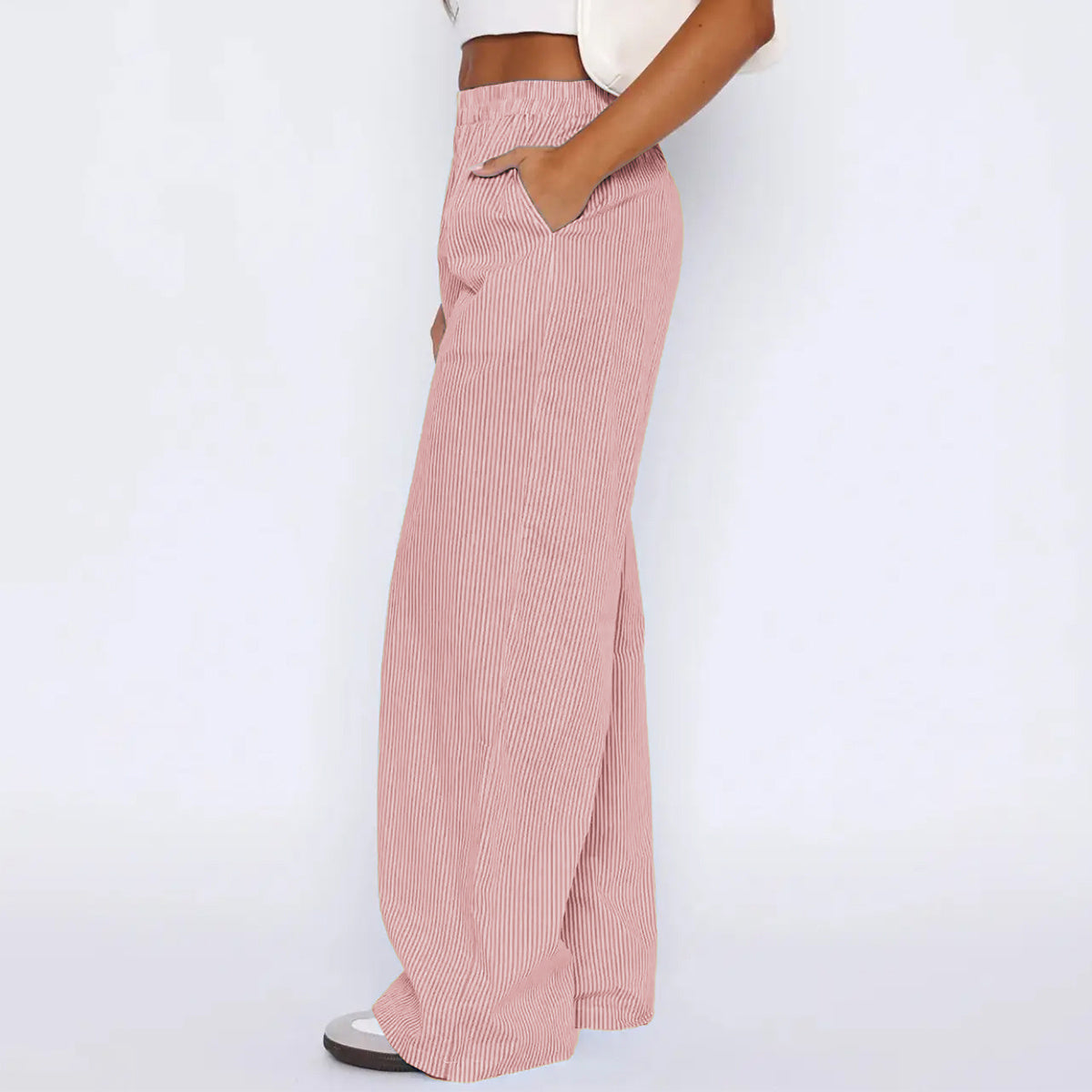 Striped Trousers With Pockets , Fashion Casual Wide Leg Straight Pants For Women Clothing