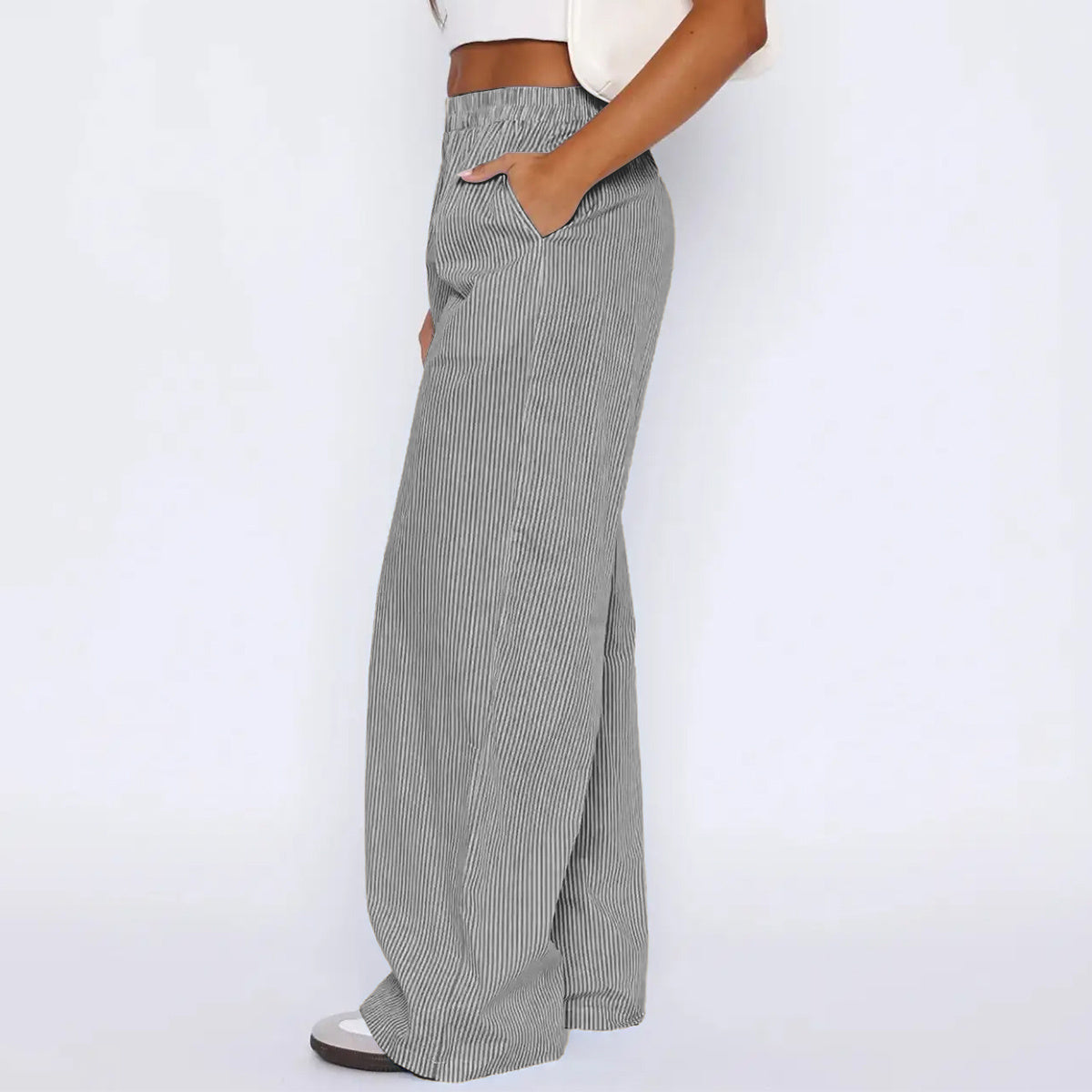 Striped Trousers With Pockets , Fashion Casual Wide Leg Straight Pants For Women Clothing