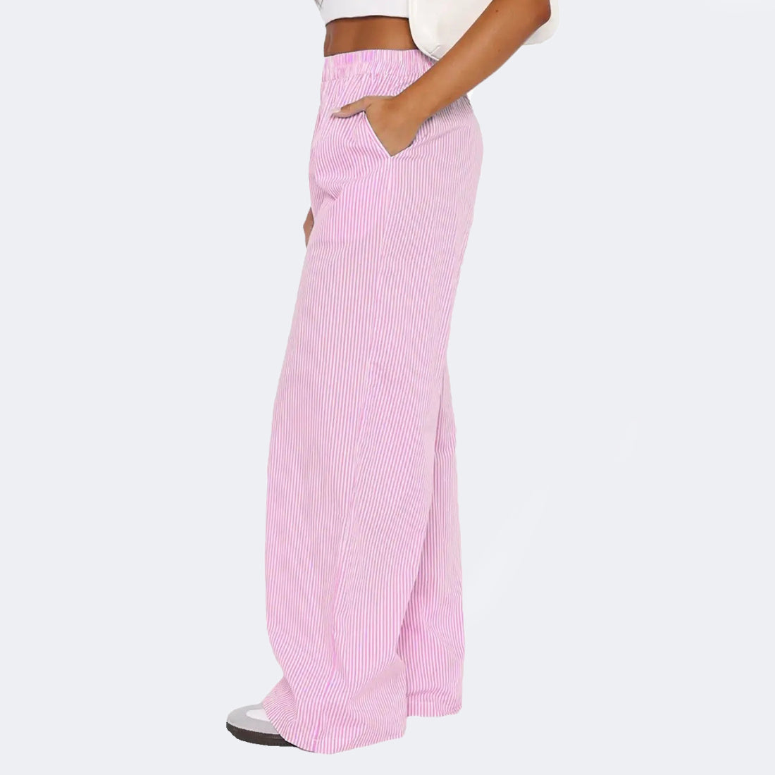 Striped Trousers With Pockets , Fashion Casual Wide Leg Straight Pants For Women Clothing