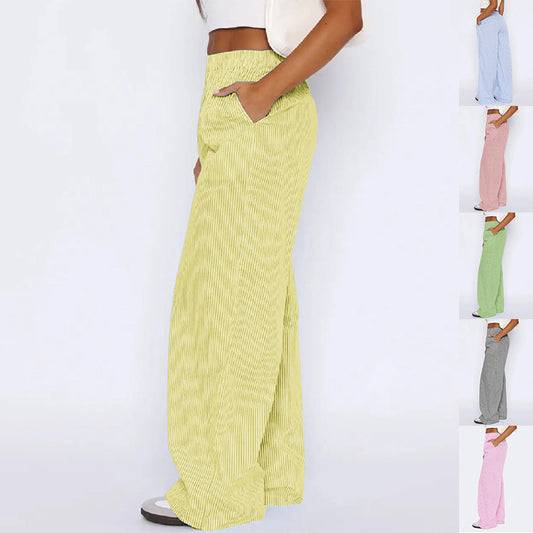 Striped Trousers With Pockets , Fashion Casual Wide Leg Straight Pants For Women Clothing