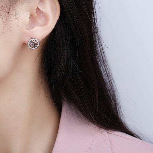 Round Silver Tree Zircon Earrings For Women